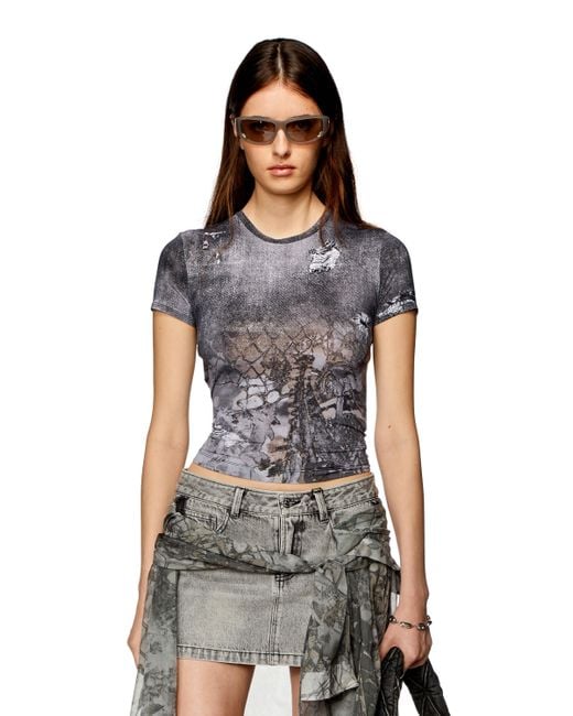 DIESEL Gray Cropped T-shirt With Abstract Print