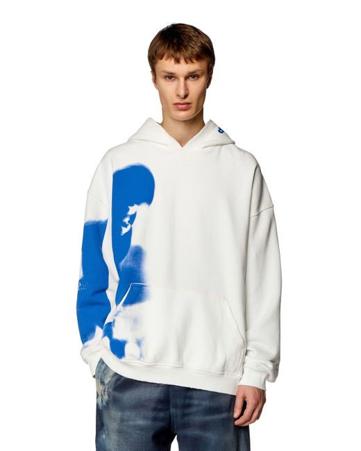 DIESEL Blue Distressed Hoodie With Smudgy Print for men