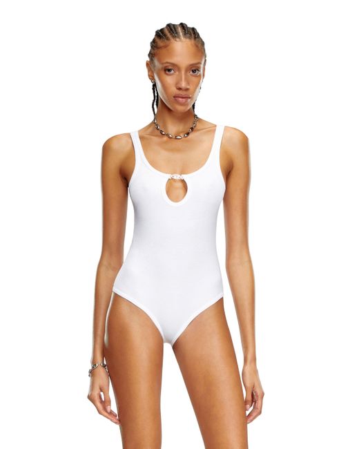 DIESEL White Ribbed Bodysuit With Oval D Plaque