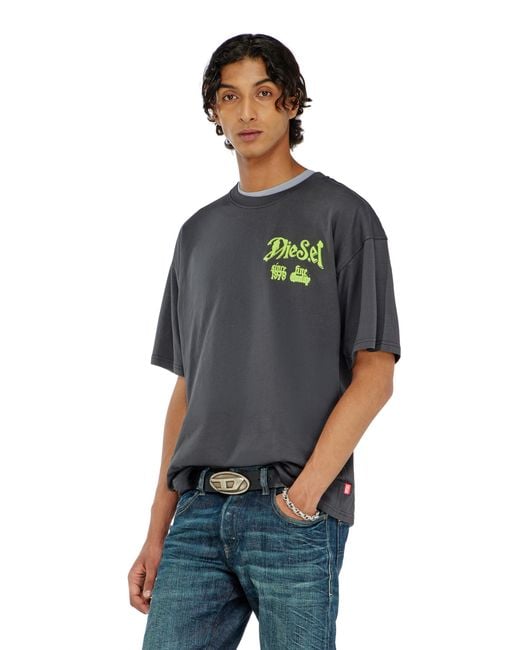DIESEL Blue Cotton T-Shirt With Flock Graphic for men