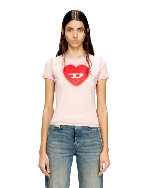 DIESEL Red Slim T-Shirt With Heart Print And Studs