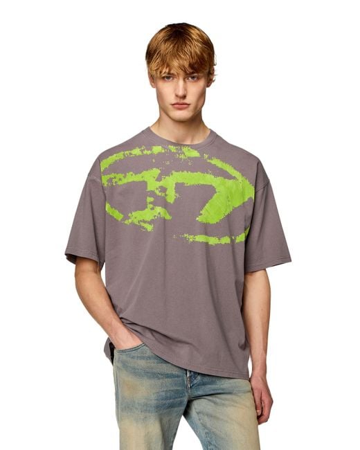 DIESEL Green T-shirt With Distressed Flocked Logo for men