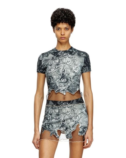 DIESEL Blue Nylon T-shirt With Heraldic Print