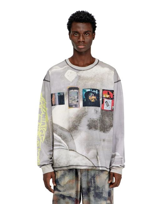 DIESEL Gray Long-Sleeve T-Shirt With All-Over Print And Patches for men