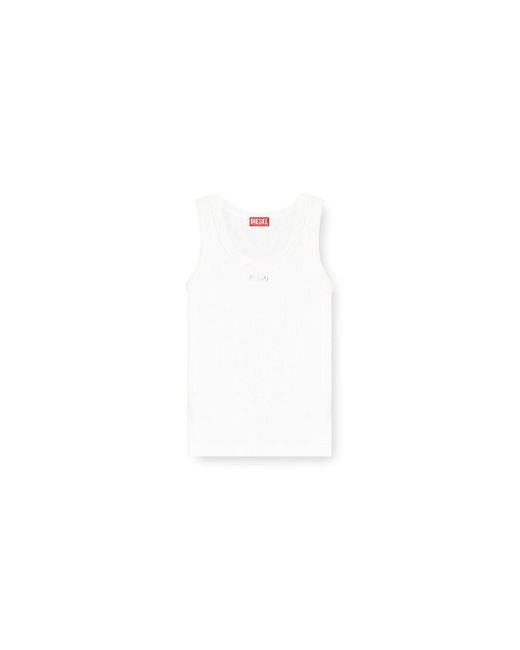 DIESEL White Slim Ribbed Tank Top With Metallic Oval D