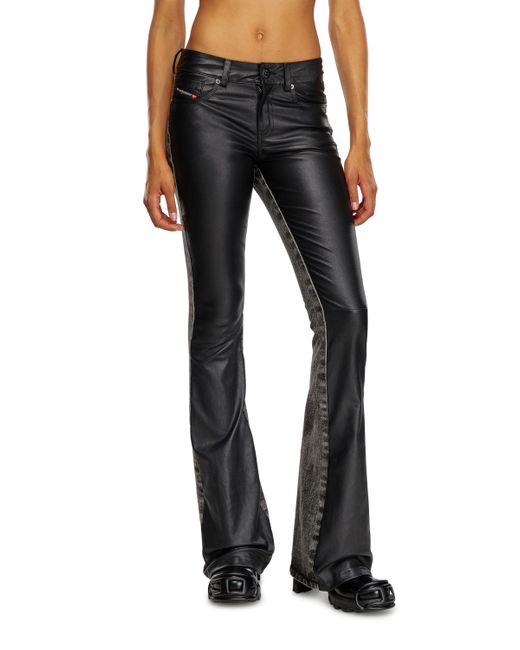 DIESEL Black Bootcut Pants In Leather And Denim