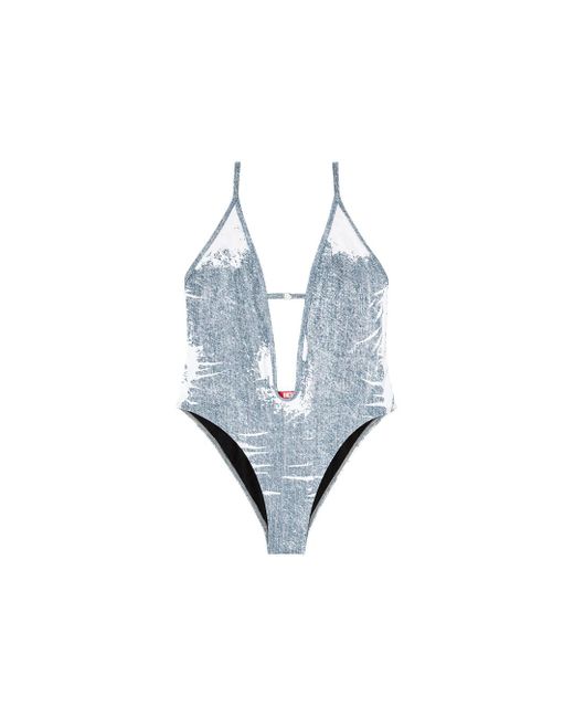 DIESEL Blue Swimsuit With Trompe L'Oeil Denim Print