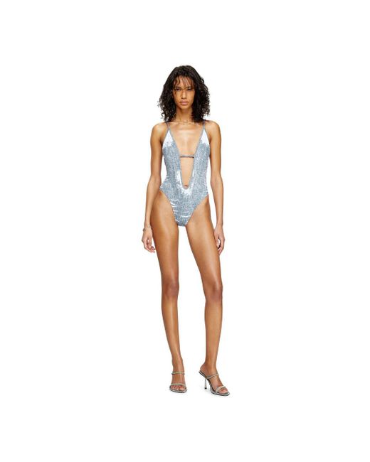 DIESEL Blue Swimsuit With Trompe L'Oeil Denim Print