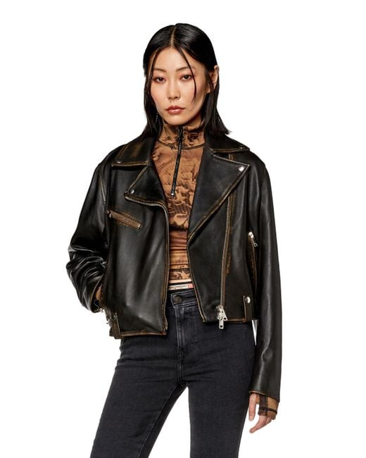 DIESEL Black Biker Jacket In Tumbled Leather