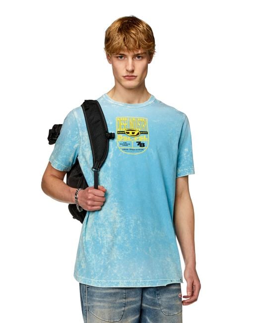 DIESEL Blue Acid-wash T-shirt With Crest Logo Print for men