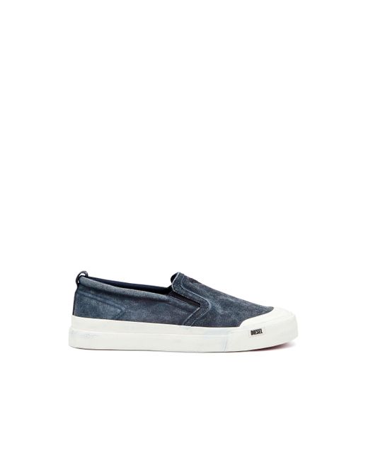 DIESEL Blue Canvas Slip-on Sneakers With D Embroidery for men