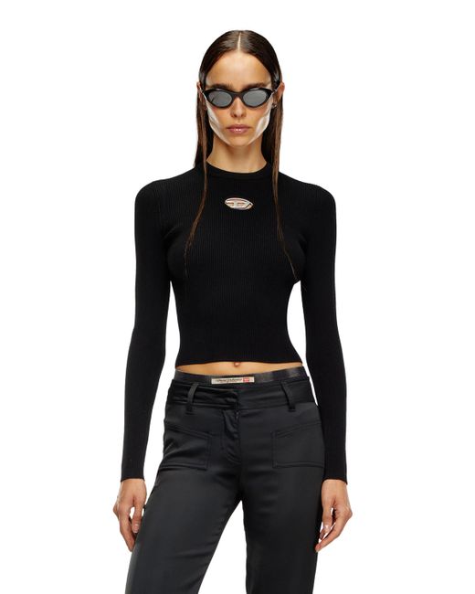 DIESEL Black Rib-Knit Viscose-Blend Top With Oval D