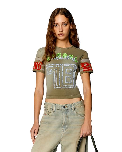 DIESEL Green T-shirt In Treated Jersey With Flock Prints