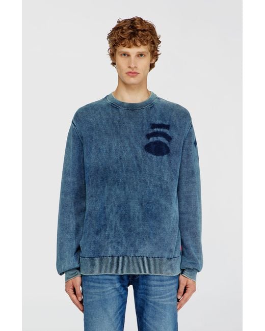 DIESEL Blue Denim-Look Jumper With Patch Effects for men