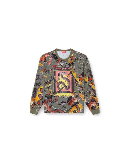 DIESEL Gray Destroyed Snake-print Long-sleeve T-shirt