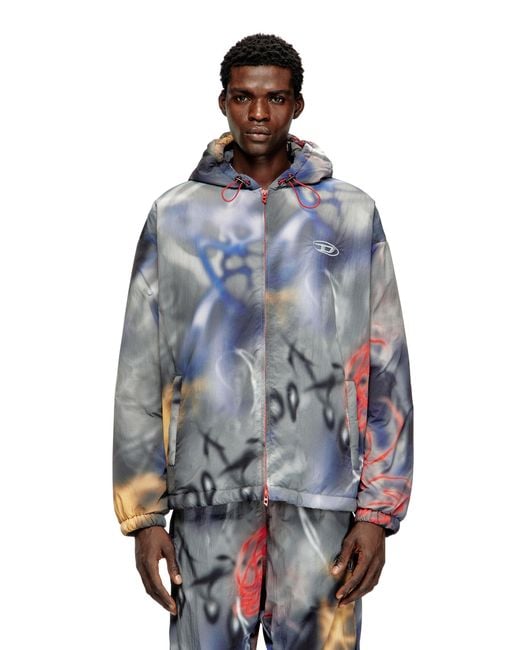 DIESEL Blue Padded Windbreaker With Graffiti Print for men