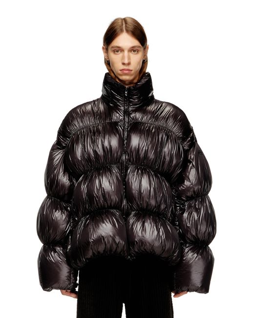 DIESEL Black Hooded Down Jacket With Bubble Effect for men