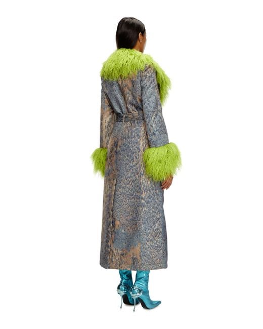 DIESEL Green Printed Trench Coat With Shaggy Trims