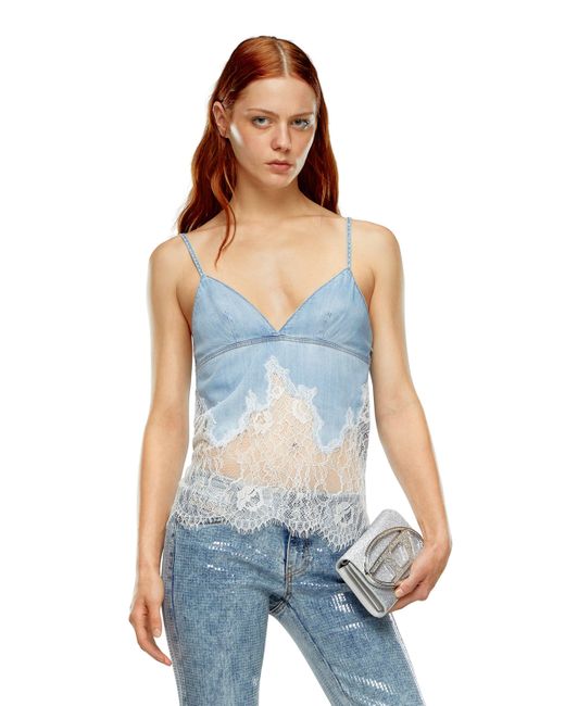 DIESEL Blue Strappy Top In Denim And Lace