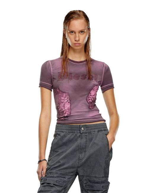 DIESEL Purple T-shirt With Embroidered Floral Patches
