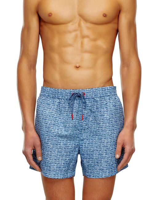DIESEL Blue Mid-length Swim Shorts With Denim Print for men
