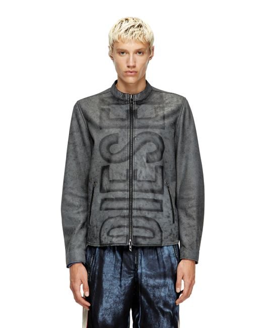 DIESEL Behandelte Bikerjacke Aus Leder Mit Verblasstem Logo in Gray für Herren