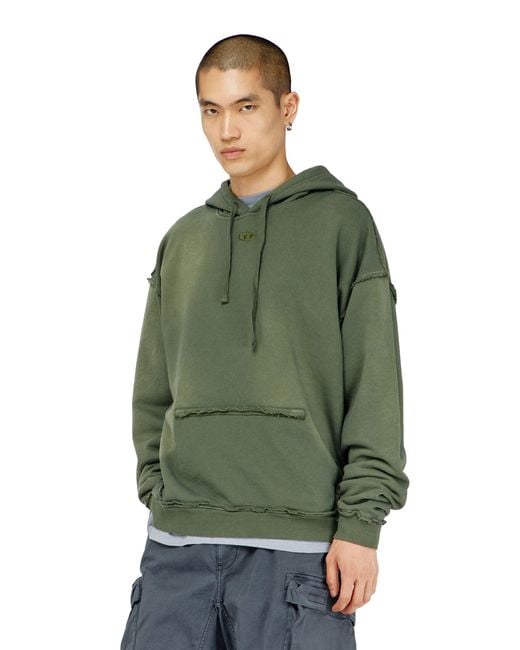 DIESEL Green Faded Cotton Hoodie With Frayed Details for men