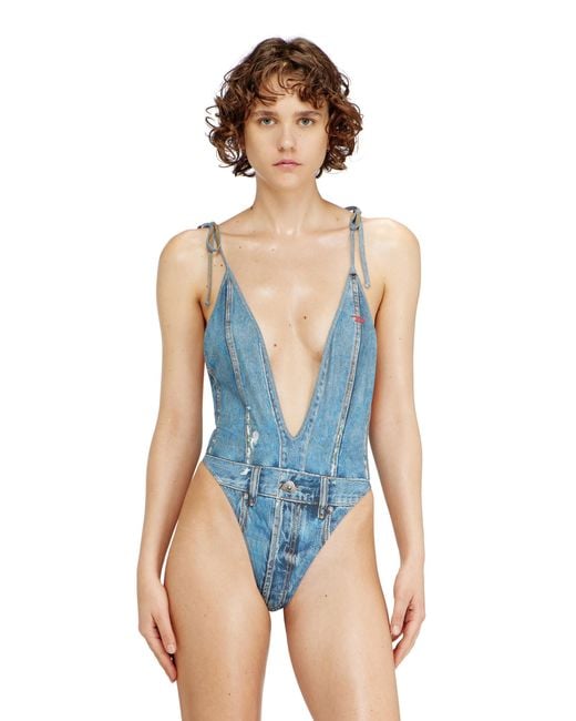 DIESEL Blue Plunging Swimsuit With Denim Trompe L'Oeil