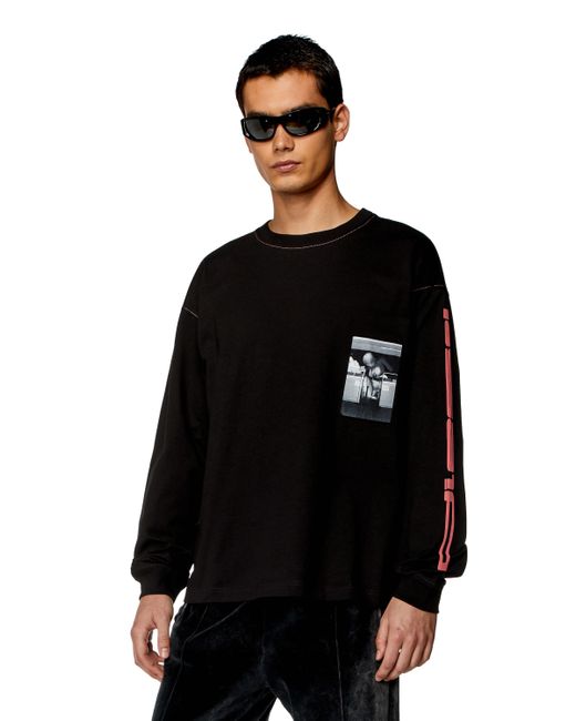 T-shirt a maniche lunghe con patch sfrangiati di DIESEL in Black da Uomo