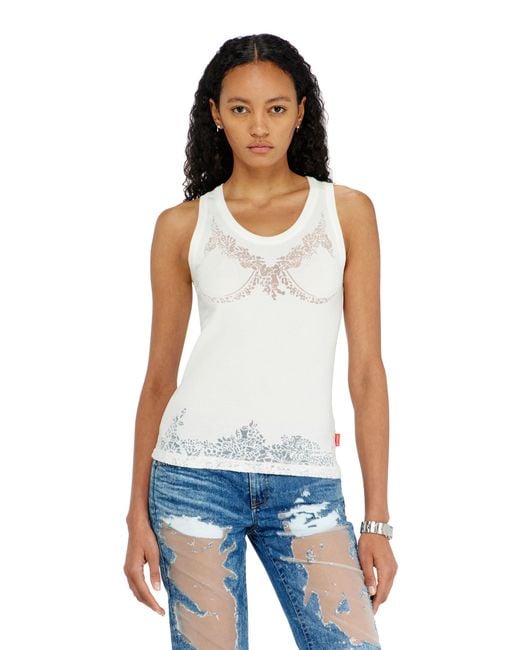 DIESEL White Tank Top With Devoré Lace Effect