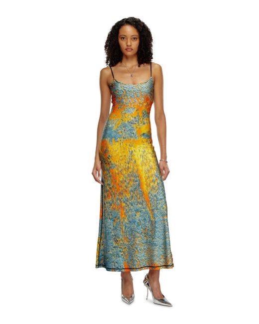 Vestido Largo Estampado Con Cristales Transparentes DIESEL de color Yellow
