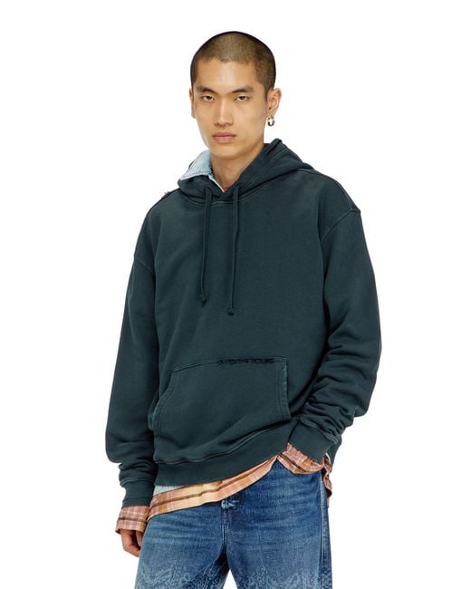 DIESEL Blue Hoodie With Rips And Crystal Details for men