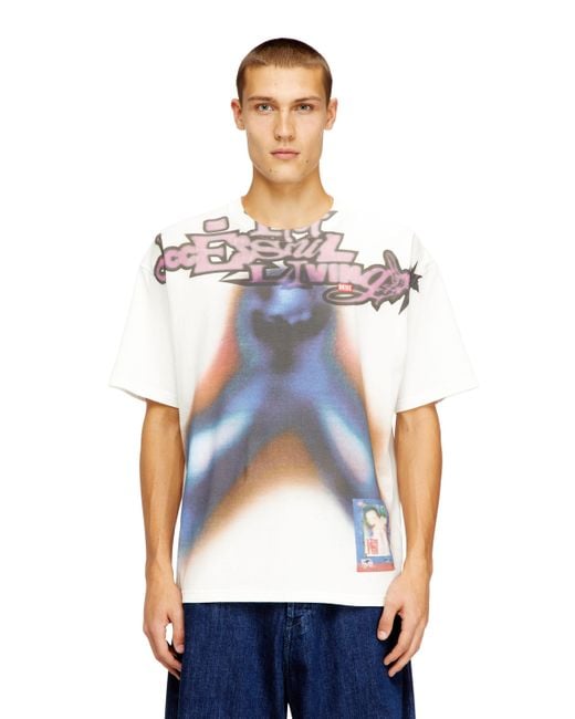 DIESEL Blue Relaxed Cotton T-Shirt With Digital Print for men