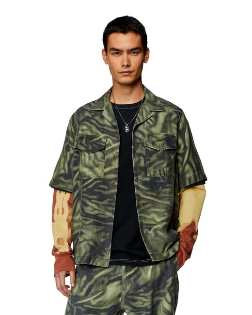 DIESEL Green Short-sleeve Shirt With Zebra-camo Print for men