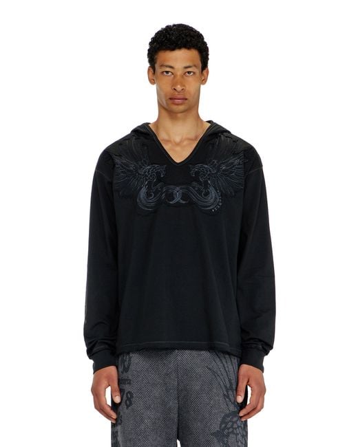 DIESEL Black Hoodie With V-Neck And Embroidered Front for men