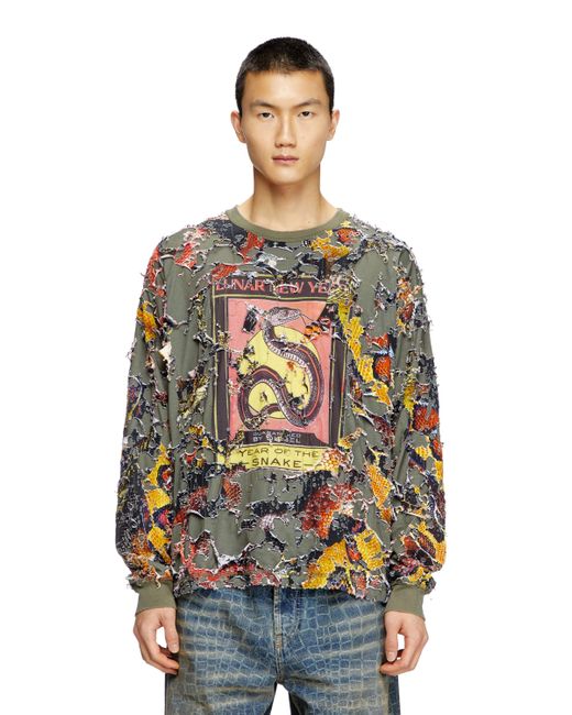 DIESEL Gray Destroyed Snake-print Long-sleeve T-shirt