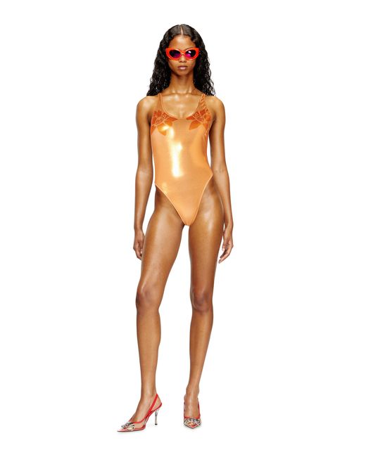 DIESEL Orange Metallic Swimsuit With Lotus Print