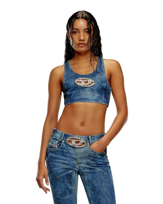 DIESEL Blue Cropped Denim Top With Crystal Plaque