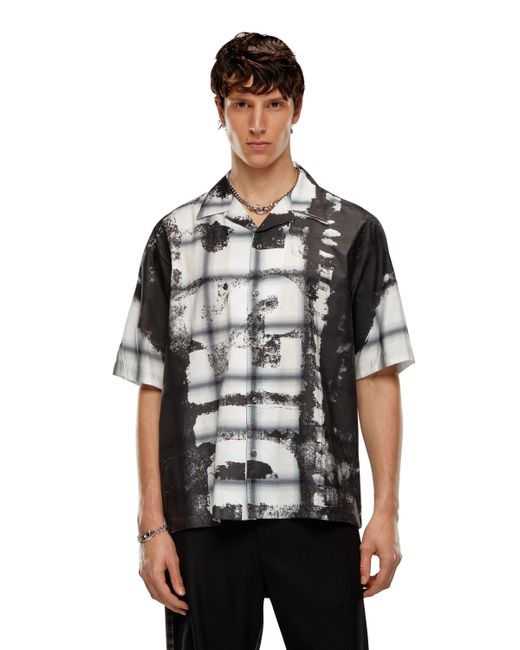 DIESEL Black Check Bowling Shirt With Fading Logo for men