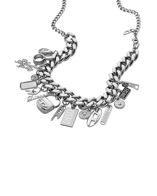 DIESEL Metallic Stainless Steel Charm Chain Necklace