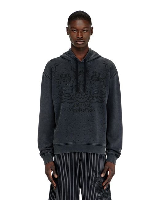 DIESEL Blue Printed Hoodie With Rhinestone Studs for men