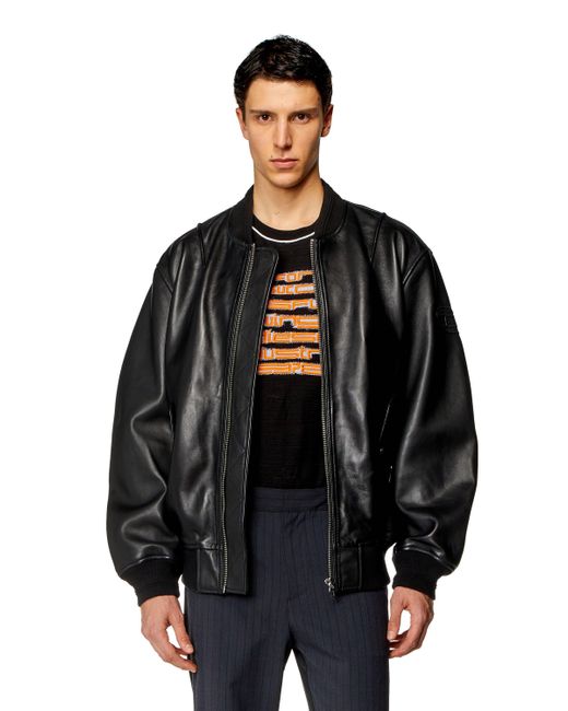 DIESEL Black Bomber Jacket In Tumbled Leather for men
