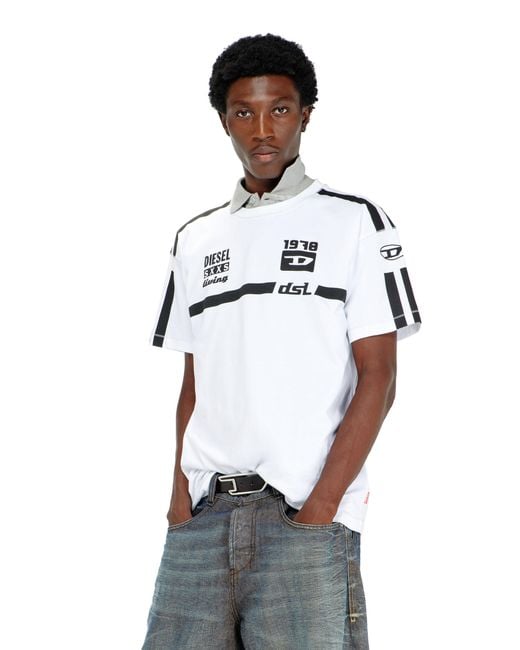 DIESEL White Cotton T-Shirt With Contrast Graphic Prints for men
