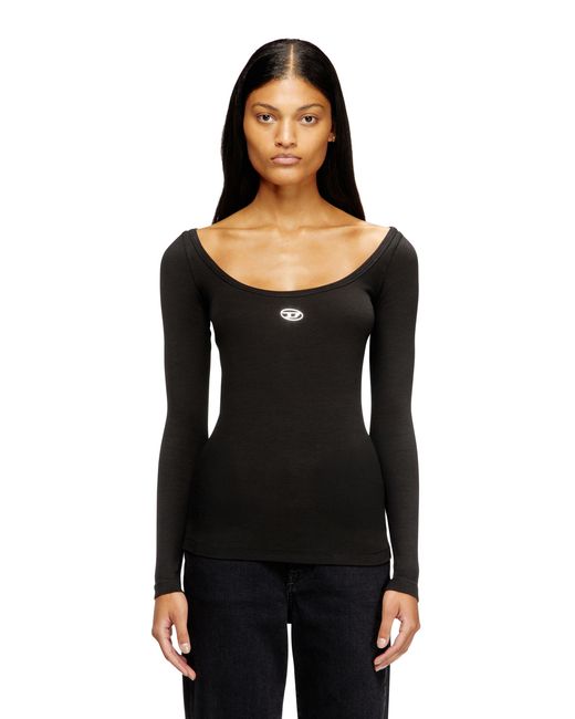 DIESEL Black Long Sleeve Ribbed Top With Metallic Oval D