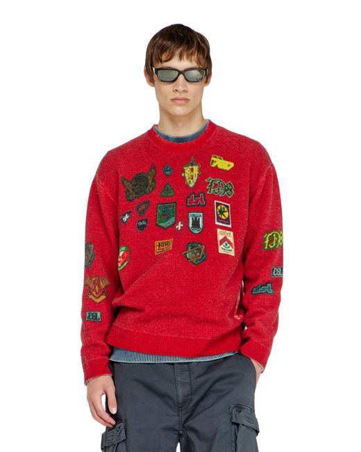 DIESEL Red Wool Jumper With Printed Patches for men