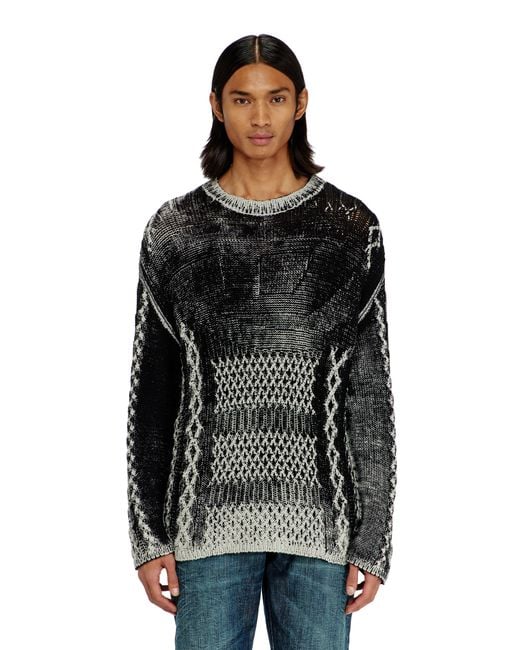 DIESEL Black Treated Cable-Knit Jumper for men