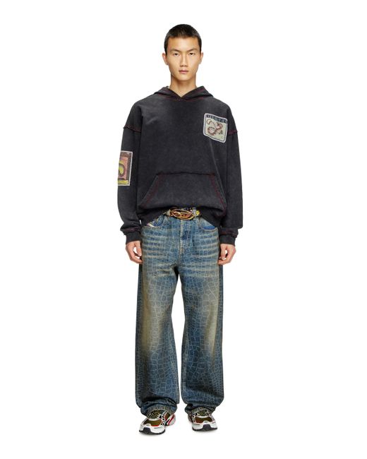 DIESEL Blue Treated Hoodie With Snake Patches