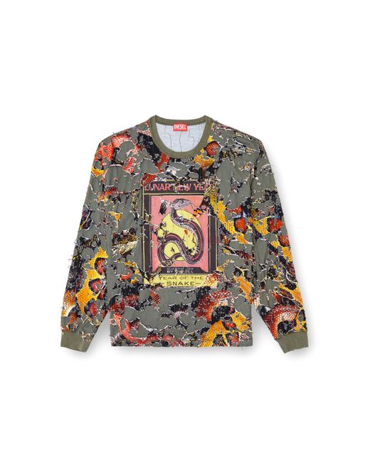 DIESEL Gray Destroyed Snake-print Long-sleeve T-shirt