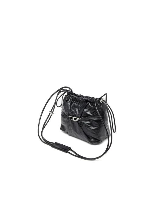 DIESEL Black Scrunch-d-bucket Bag In Shiny Wrinkled Leather