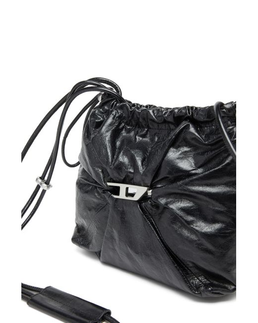 DIESEL Black Scrunch-d-bucket Bag In Shiny Wrinkled Leather